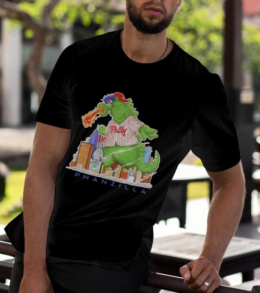 Phillie Phanatic Phanzilla Cityscape Fire Breathing Baseball T-Shirt
