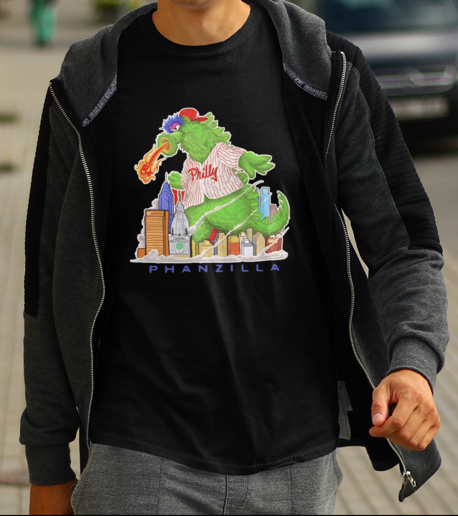 Phillie Phanatic Phanzilla Cityscape Fire Breathing Baseball T-Shirt