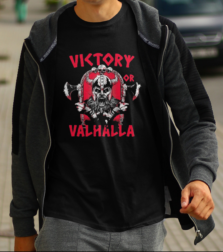 Victory Or Valhalla Viking Warrior Skull Axe Helmet Norse T-Shirt