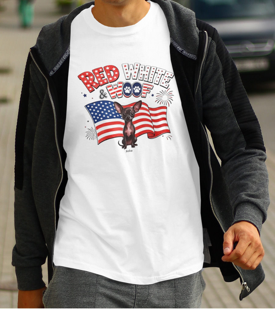 Chihuahua Red White And Woof US Flag Fireworks Celebration T-Shirt