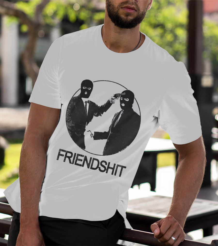FRIENDSHIT Ski Mask Men Handshaking Gun Gesture T-Shirt