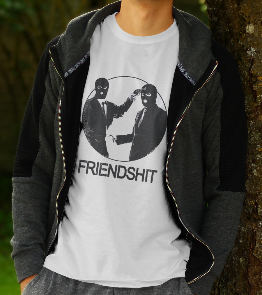 FRIENDSHIT Ski Mask Men Handshaking Gun Gesture T-Shirt