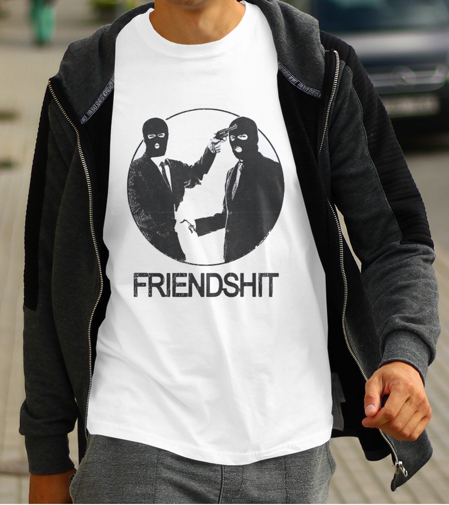 FRIENDSHIT Ski Mask Men Handshaking Gun Gesture T-Shirt