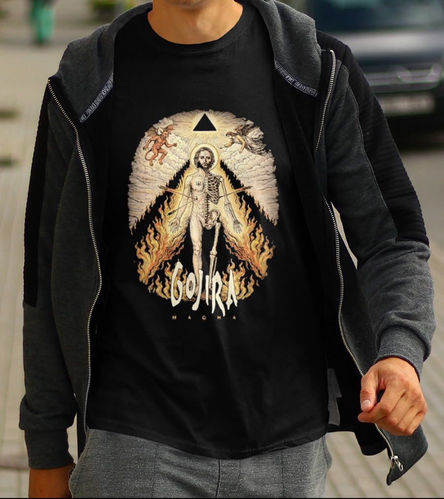 Gojira Magma Half Skeleton Half Human Devil Angel Flames Pyramid T-Shirt