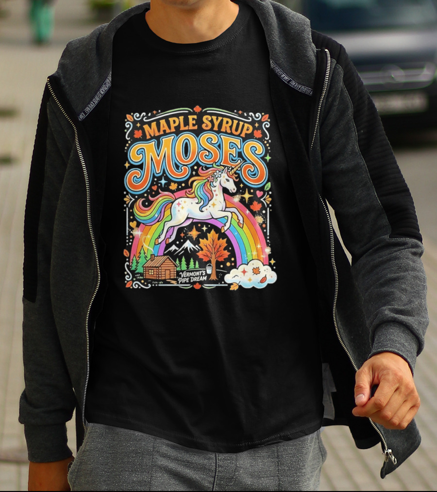 Maple Syrup Moses Rainbow Unicorn Vermont's Pipe Dream T-Shirt