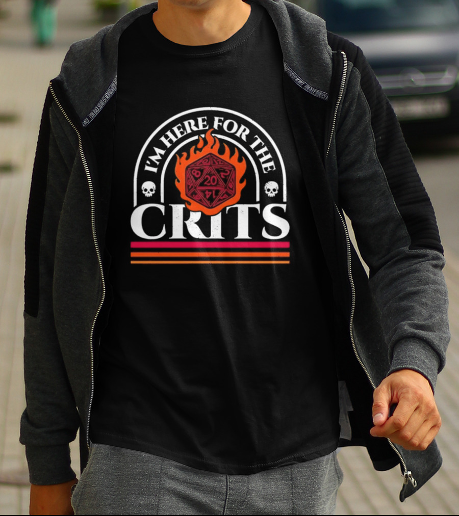 I'm Here For The Crits D20 Flaming Dice Skulls DnD T-Shirt