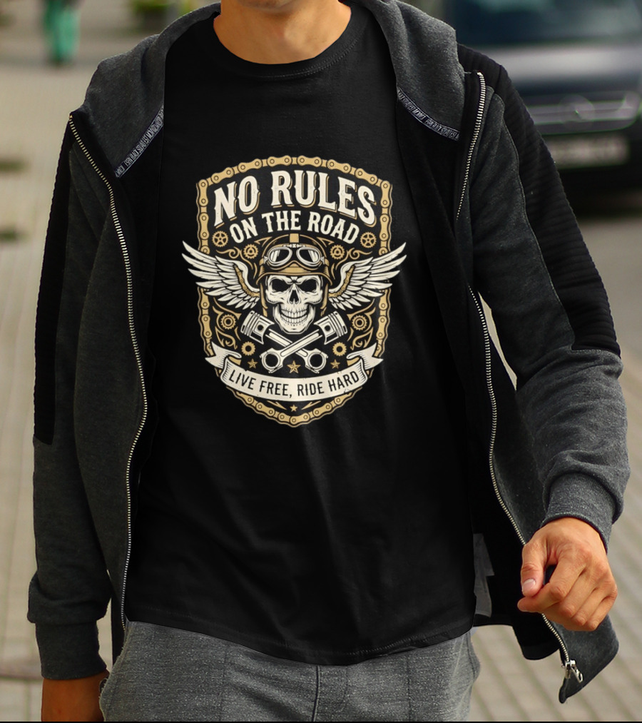 No Rules On The Road Live Free Ride Hard Skull Wings Goggles T-Shirt