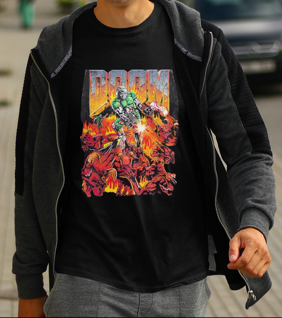 Doom Marine Warren Lotas Retro Video Game Demon Slayer Action Scene T-Shirt