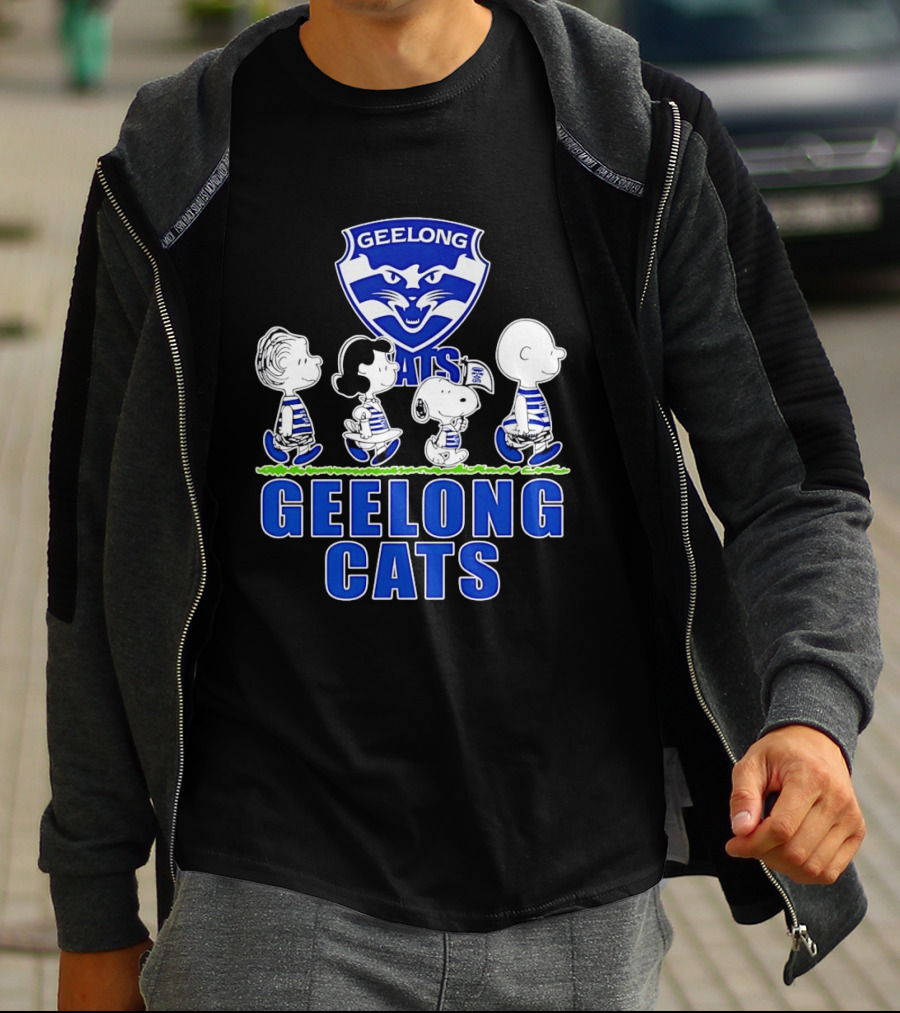 Peanuts Snoopy Charlie Brown Lucy Schroeder Geelong Cats AFL Fan T-Shirt