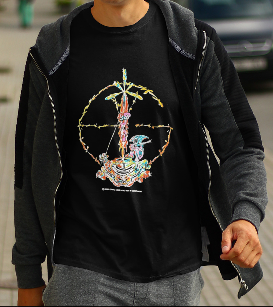 Psychedelic Skeleton Cross Barbed Wire Flowers T-Shirt