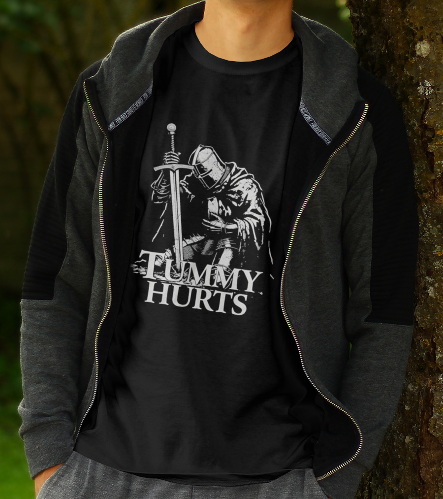 Tummy Hurts Knight Dark Fantasy Medieval Sword Kneeling Warrior T-Shirt