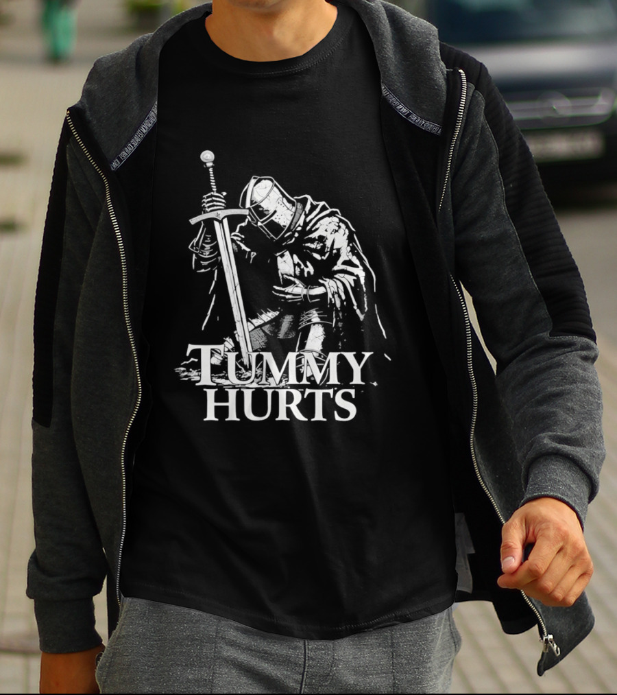Tummy Hurts Knight Dark Fantasy Medieval Sword Kneeling Warrior T-Shirt