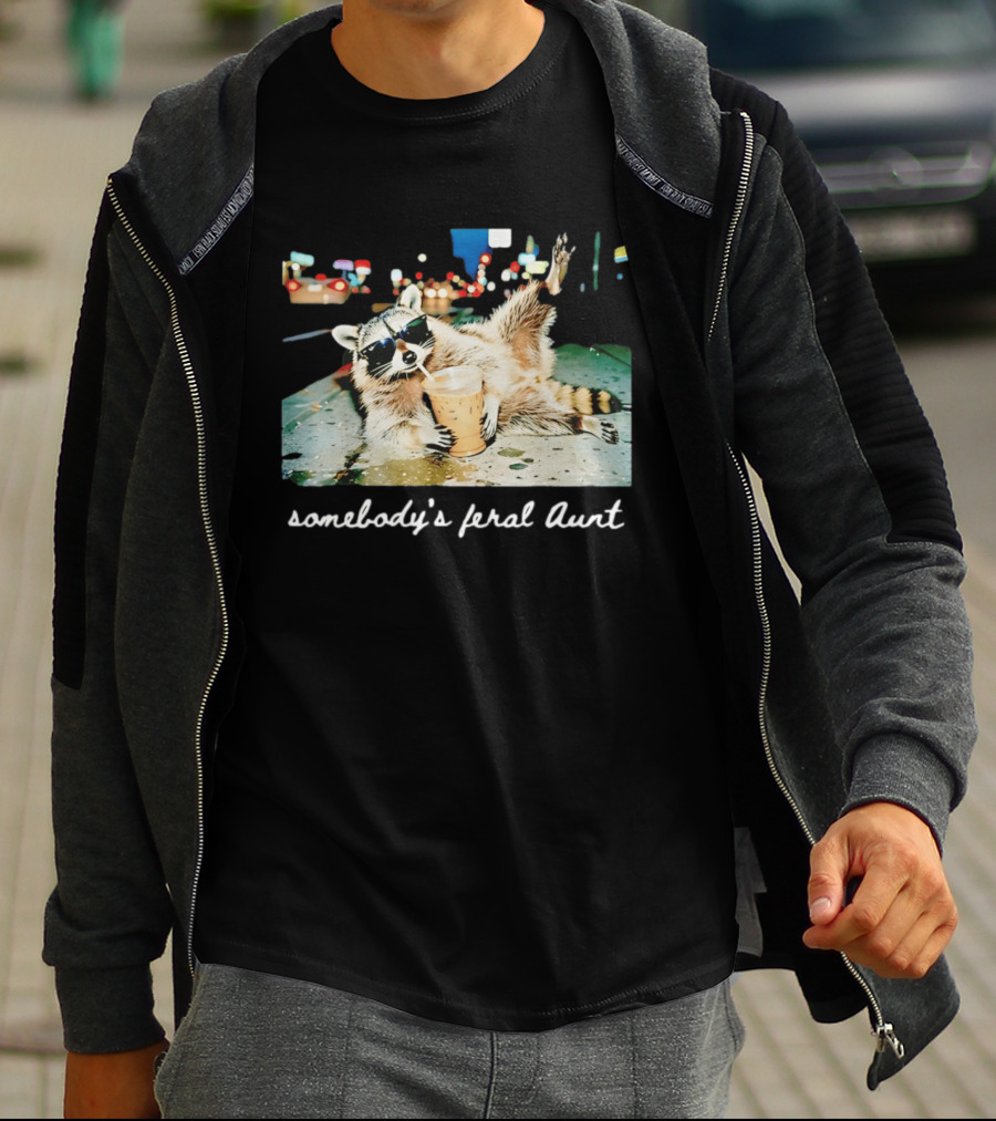 Somebody's Feral Aunt Raccoon Drinking Iced Coffee T-Shirt