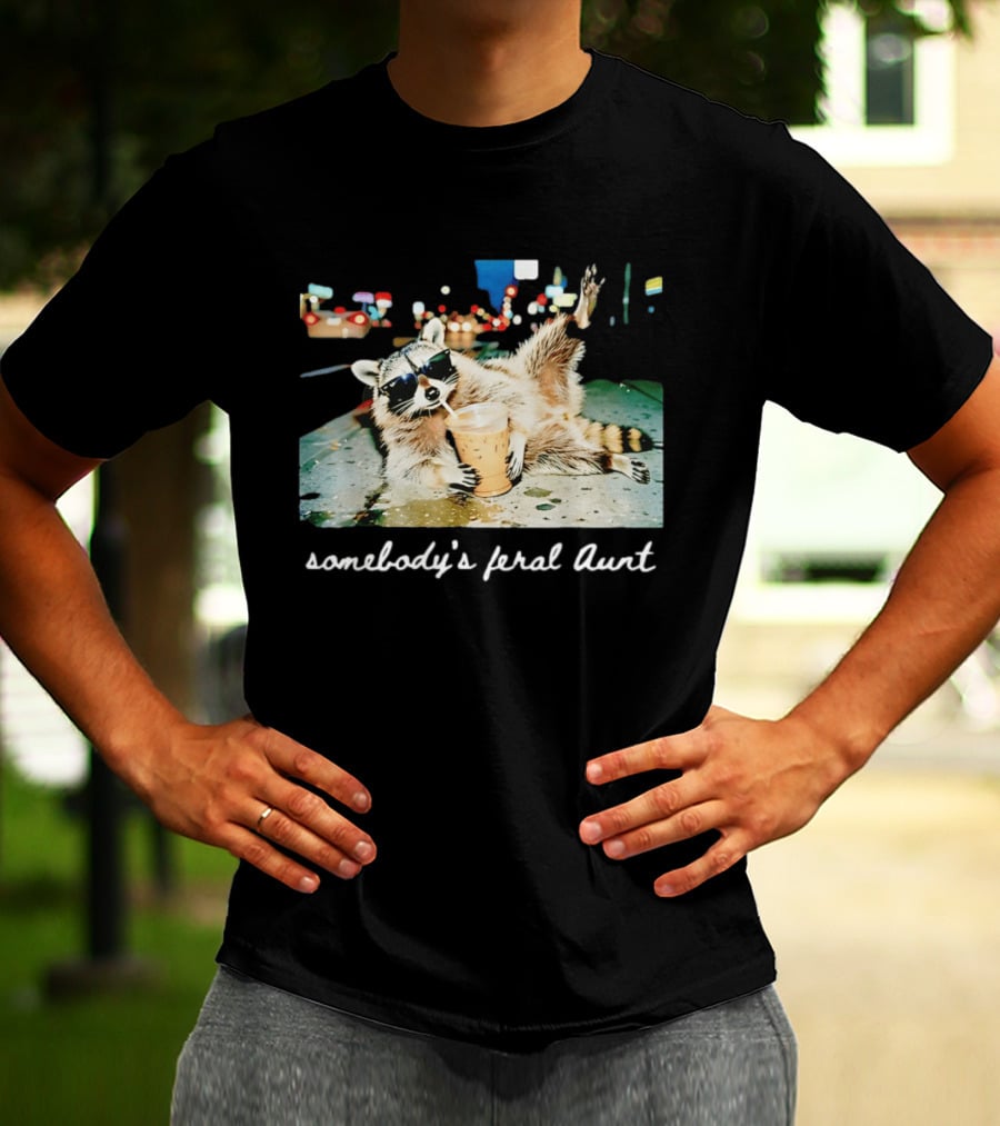 Somebody's Feral Aunt Raccoon Drinking Iced Coffee T-Shirt