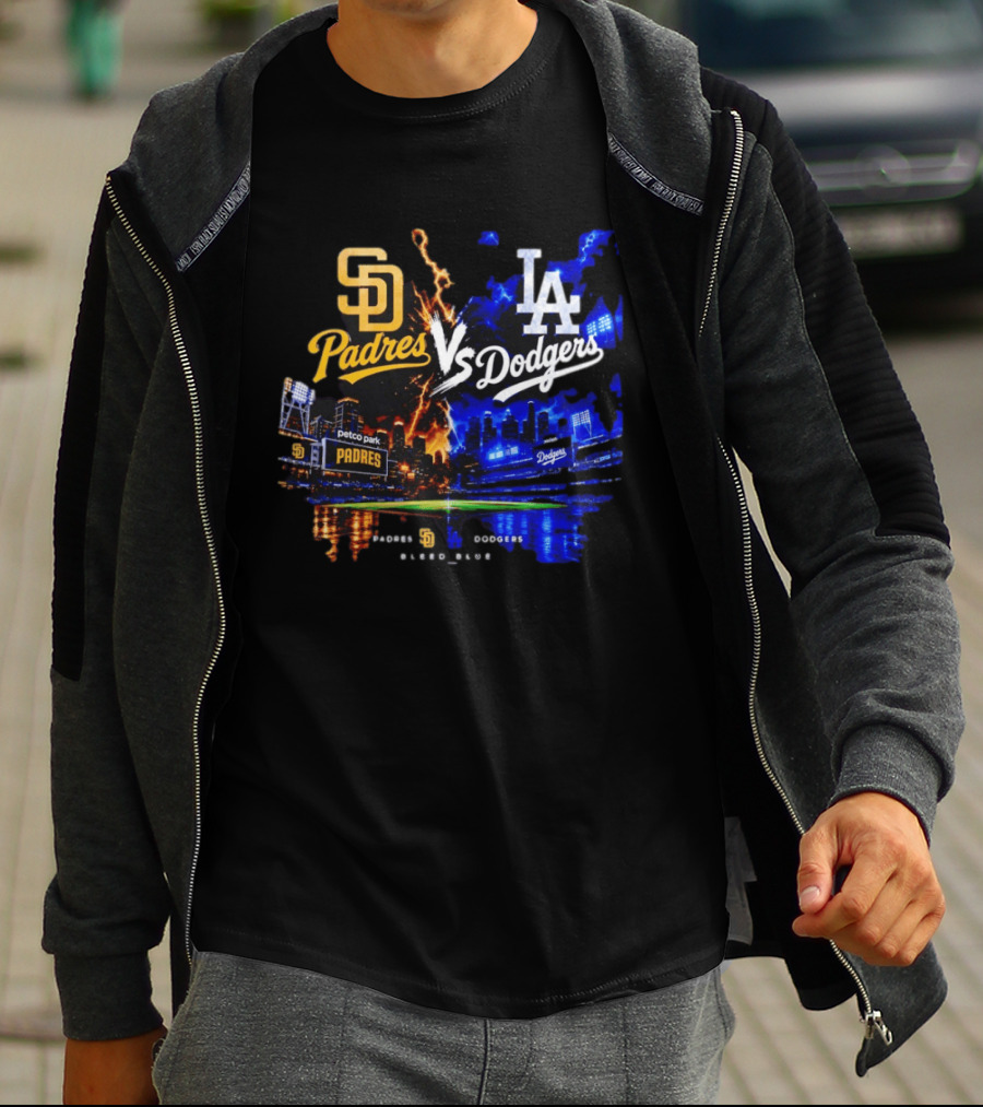 San Diego Padres Vs Los Angeles Dodgers Bleed Blue Petco Park Stadium Lightning T-Shirt