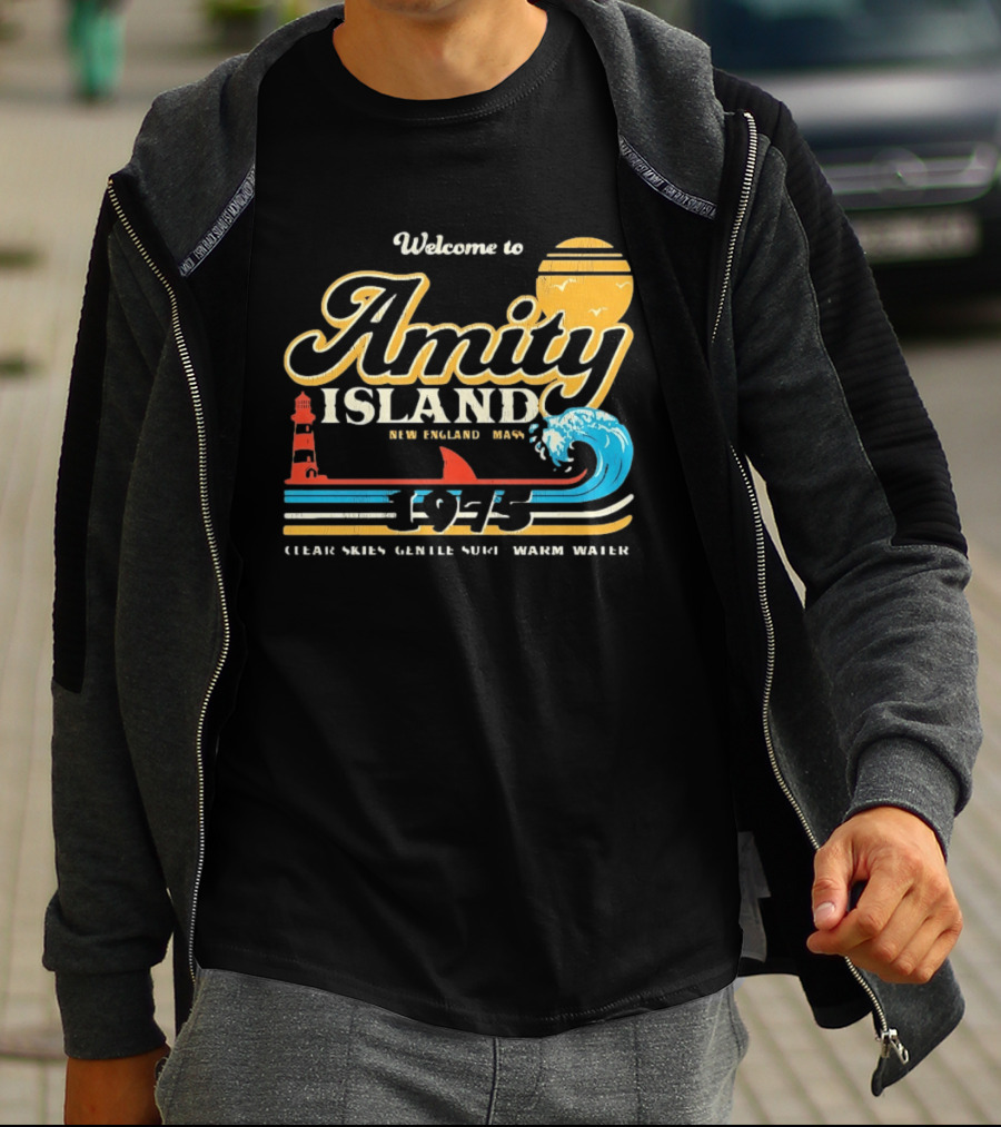 Welcome To Amity Island New England 1975 Clear Skies Gentle Surf Warm Water Jaws T-Shirt