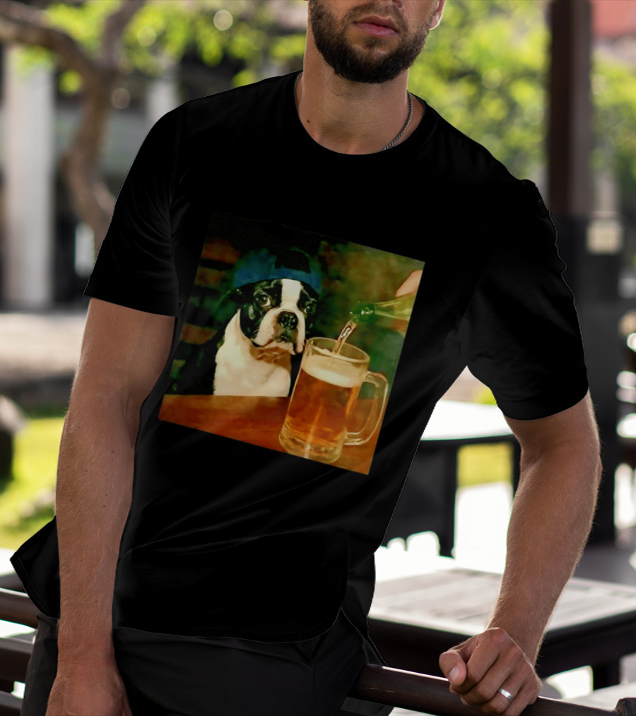 Boston Terrier Baseball Cap Drinking Beer T-Shirt