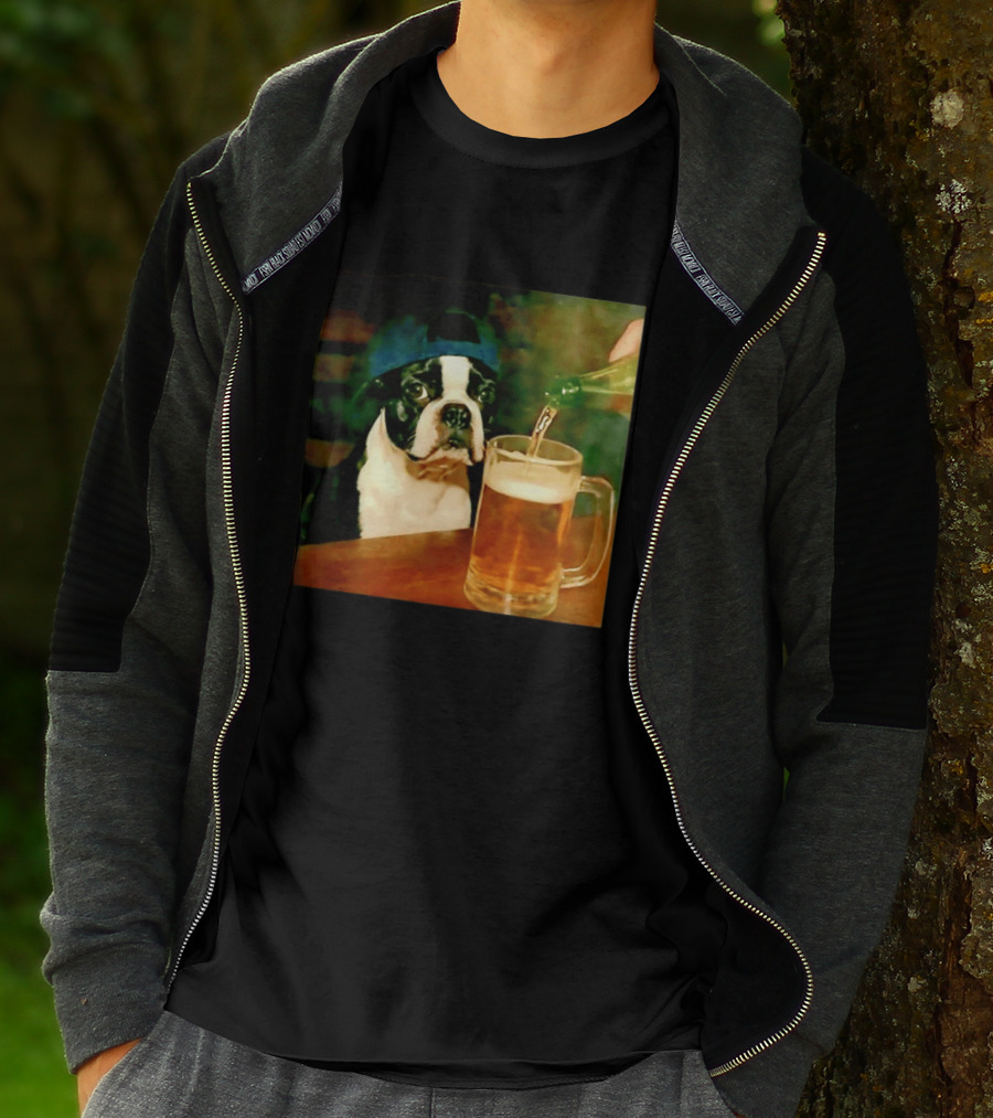 Boston Terrier Baseball Cap Drinking Beer T-Shirt