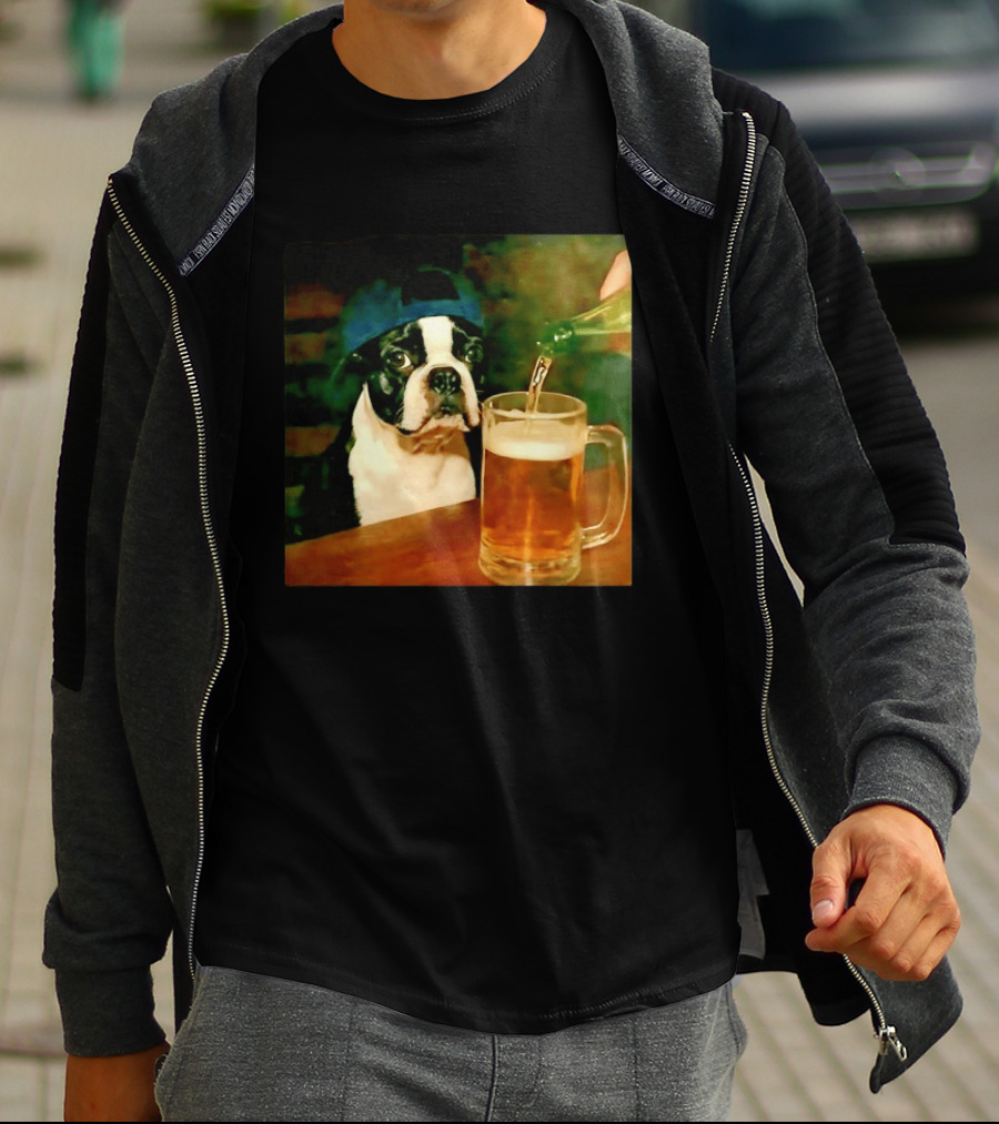 Boston Terrier Baseball Cap Drinking Beer T-Shirt