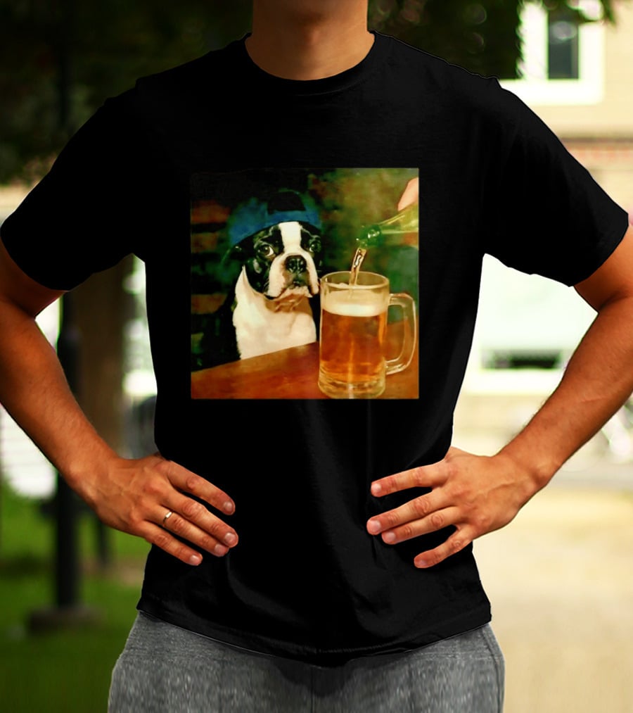 Boston Terrier Baseball Cap Drinking Beer T-Shirt