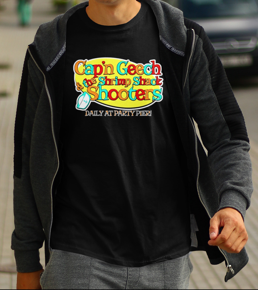 Cap'n Geech And The Shrimp Shack Shooters Daily At Party Pier Logo And Fun T-Shirt