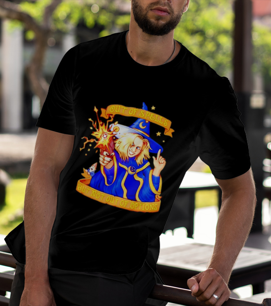 Greg The Sorcerer Out Of Spells Not Out Of Options Enchanting Wizard With Wand And Magic Aura T-Shirt