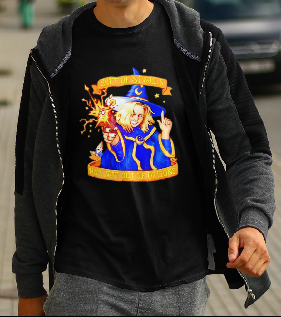 Greg The Sorcerer Out Of Spells Not Out Of Options Enchanting Wizard With Wand And Magic Aura T-Shirt