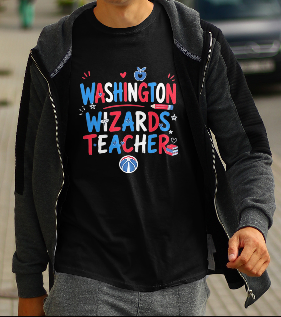 Washington Wizards Teacher Apple Pencil Heart Basketball T-Shirt
