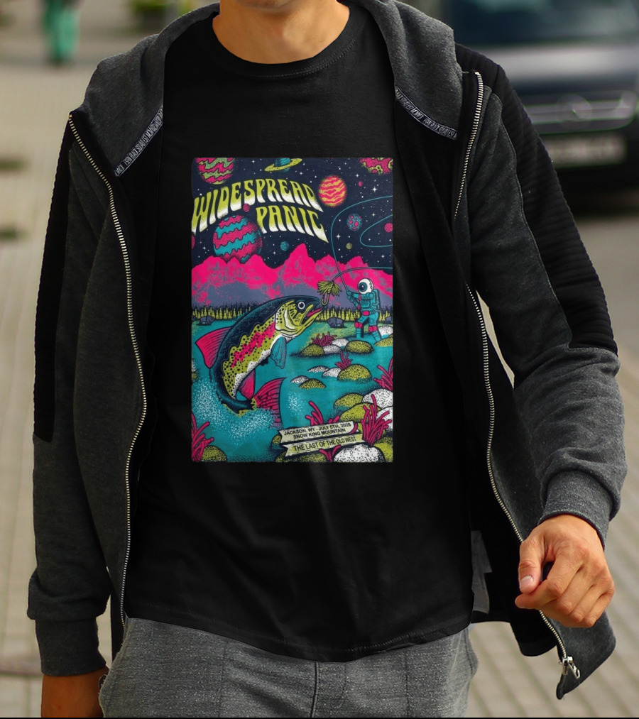 Widespread Panic Jul 5 2026 Snow King Mountain Jackson WY Cosmic Fishing Astronaut And Giant Fish Fantasy Scene T-Shirt