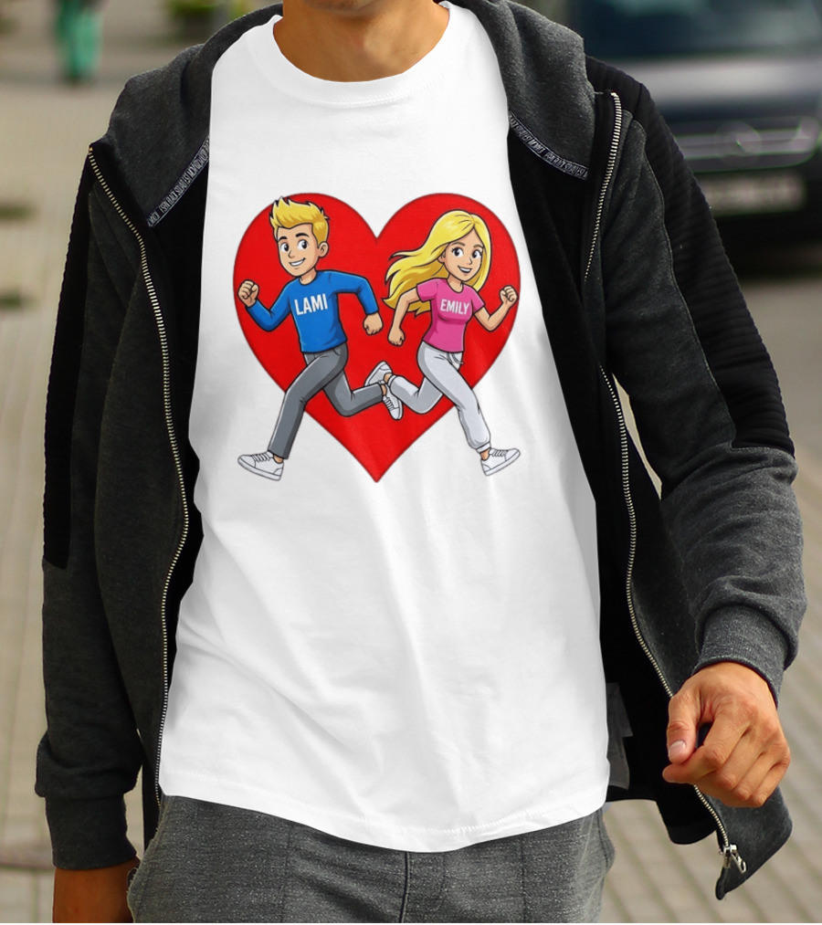 Lami And Emily Cartoon Couple Running With Heart T-Shirt