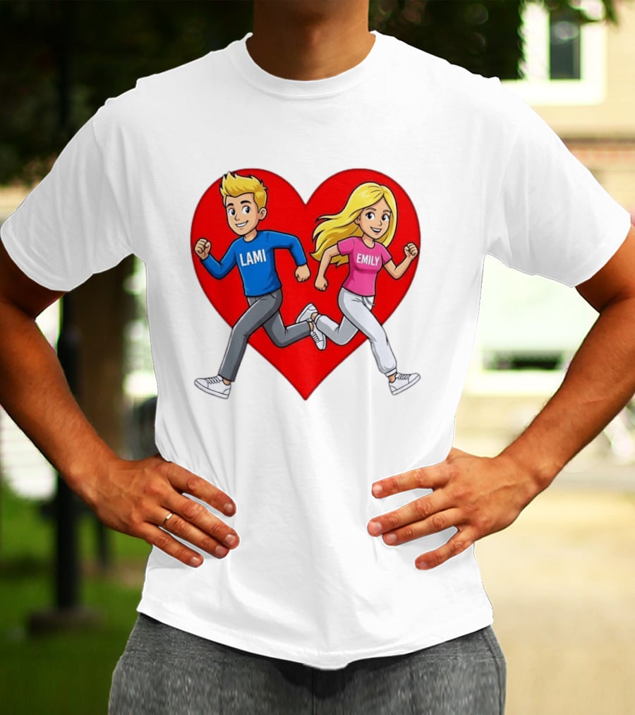 Lami And Emily Cartoon Couple Running With Heart T-Shirt