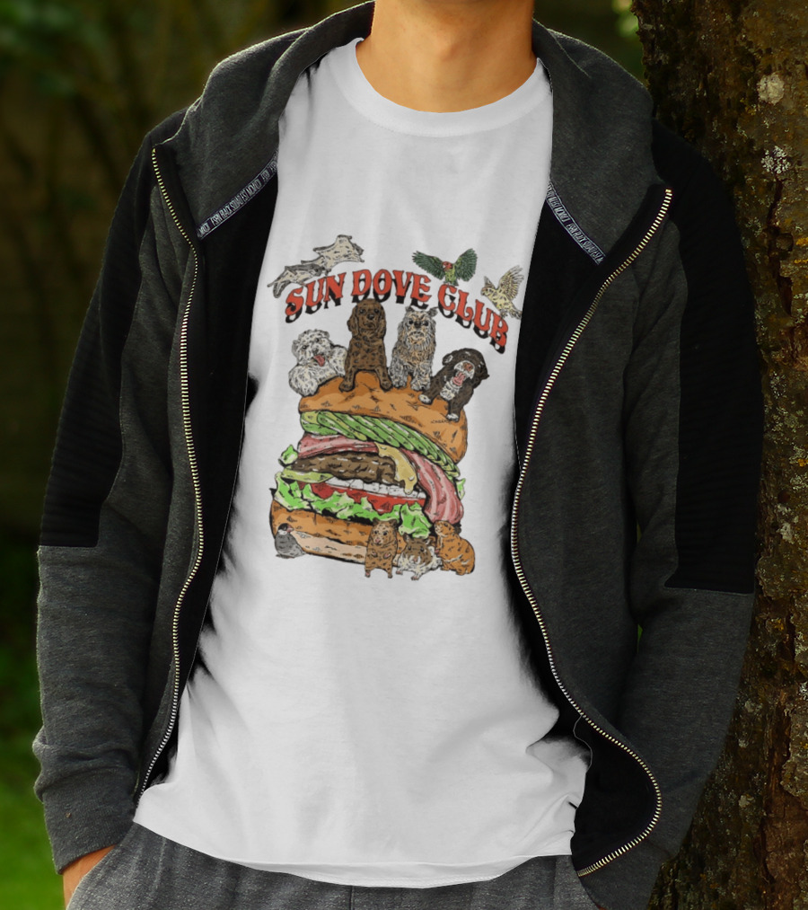 Sun Dove Club Animals On Giant Burger With Dogs And Birds T-Shirt
