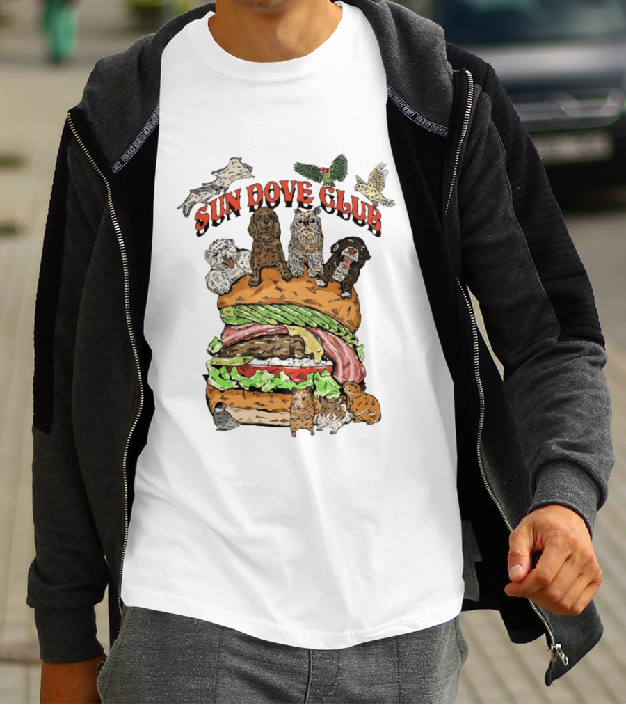 Sun Dove Club Animals On Giant Burger With Dogs And Birds T-Shirt