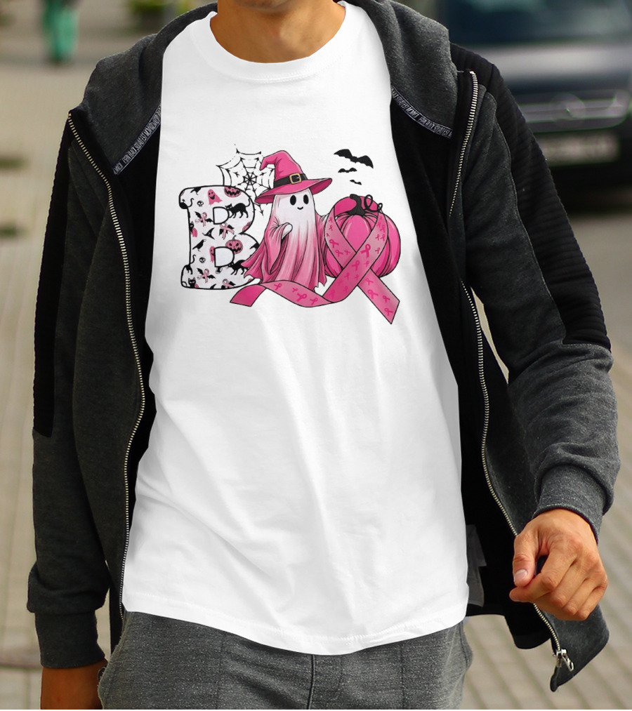 Boo Ghost Witch Pink Breast Cancer Ribbon Halloween Pumpkin T-Shirt