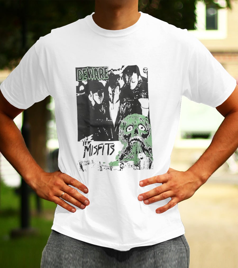 Beware The Misfits Horror Punk Band Skull Green T-Shirt