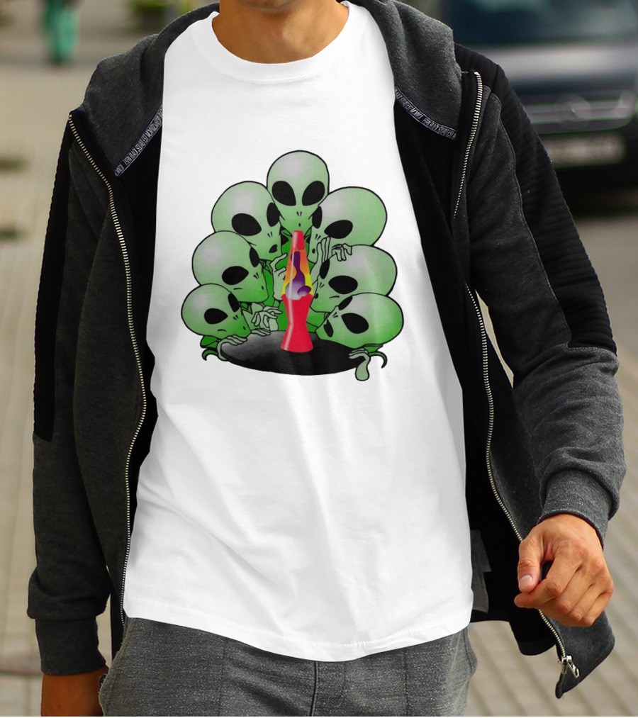 Aliens Gathering Around Colorful Lava Lamp T-Shirt