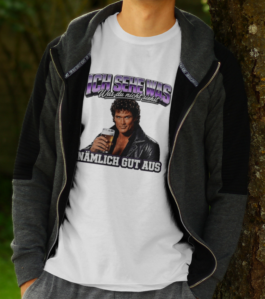 David Hasselhoff Ich Sehe Was Was Du Nicht Siehst Nämlich Gut Aus Iconic Pose With Beer And Leather Jacket T-Shirt