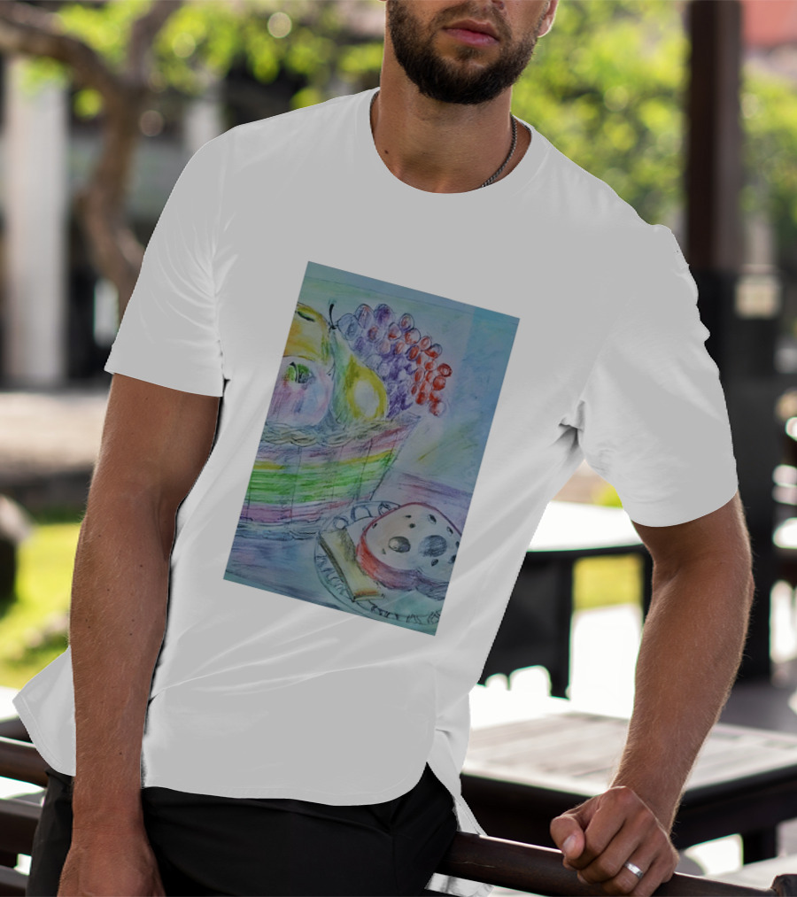 Fruit Basket Bagel Still Life Drawing Pears Apples Grapes Bread T-Shirt