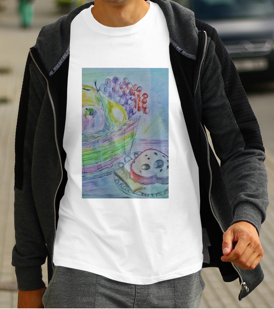 Fruit Basket Bagel Still Life Drawing Pears Apples Grapes Bread T-Shirt