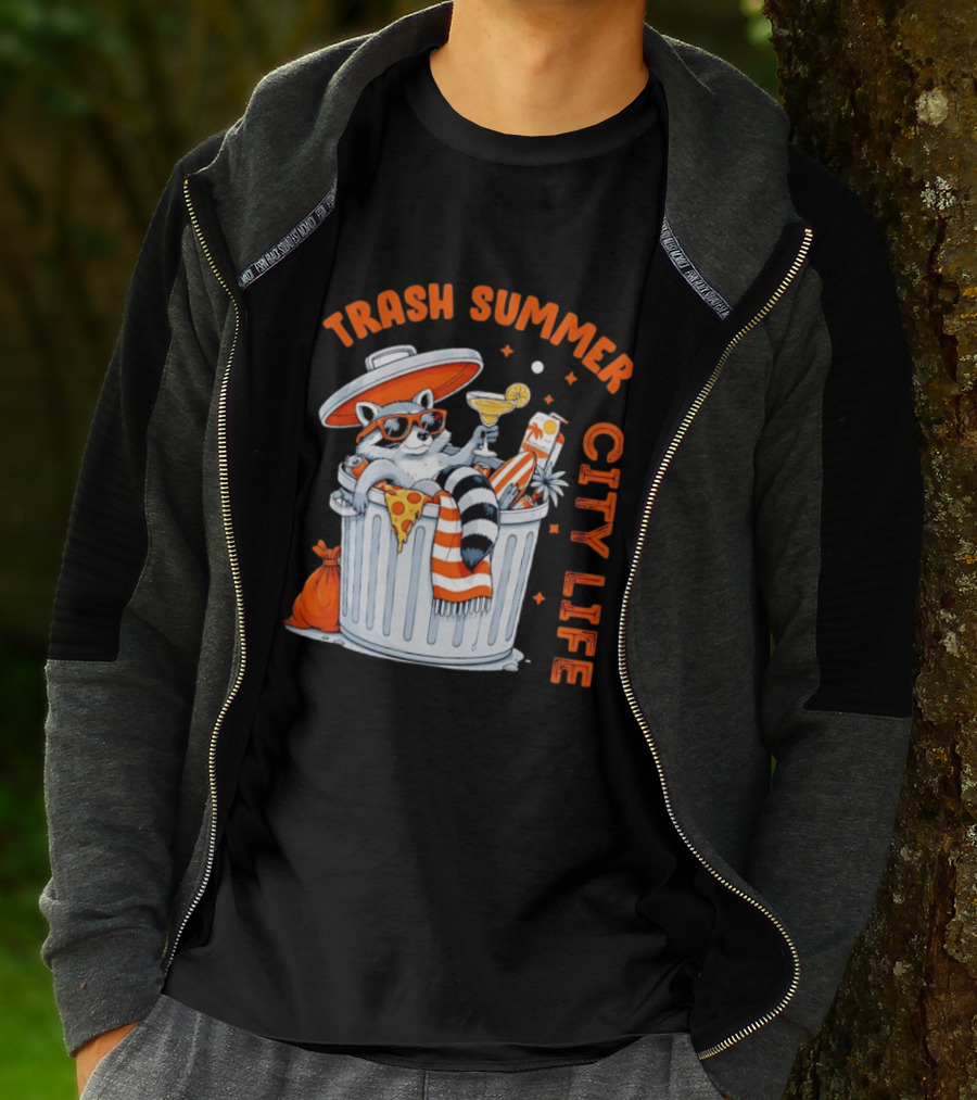 Trash Summer City Life Raccoon Enjoying Urban Vibes With Pizza And Martini T-Shirt