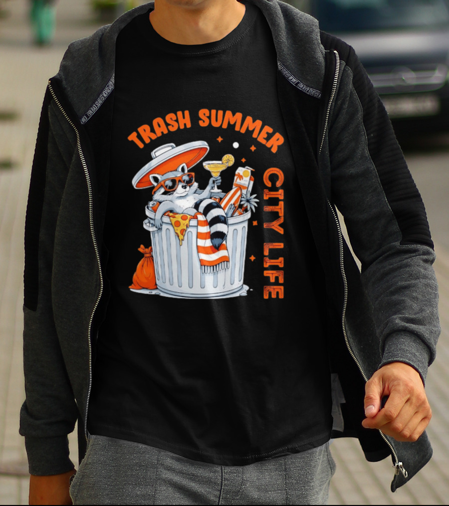 Trash Summer City Life Raccoon Enjoying Urban Vibes With Pizza And Martini T-Shirt
