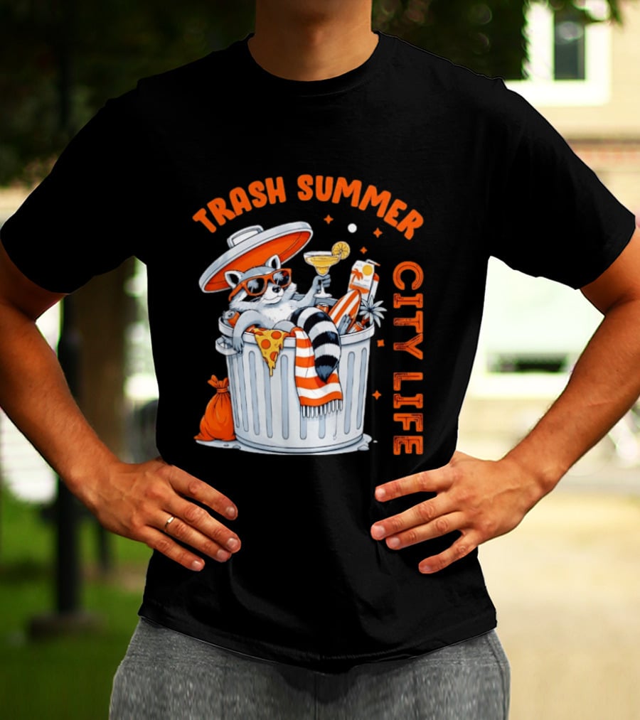Trash Summer City Life Raccoon Enjoying Urban Vibes With Pizza And Martini T-Shirt