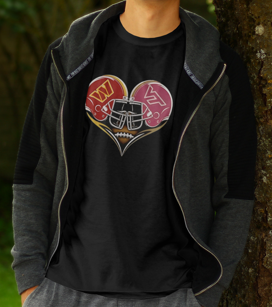 Washington Commanders Virginia Tech Hokies Helmet Heart Dual Team Spirit T-Shirt