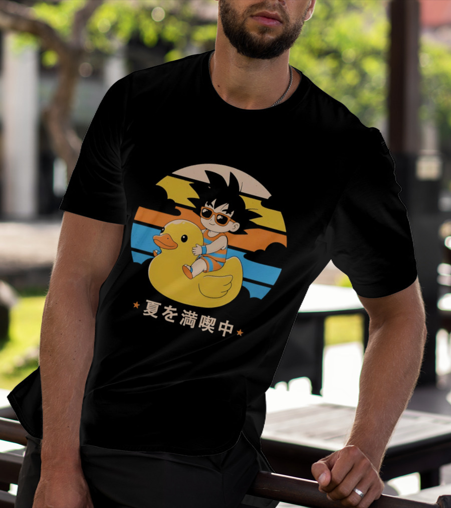 Young Goku Riding Rubber Duck At Sunset Enjoying Summer T-Shirt