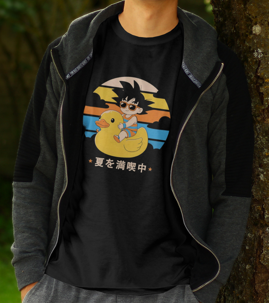 Young Goku Riding Rubber Duck At Sunset Enjoying Summer T-Shirt