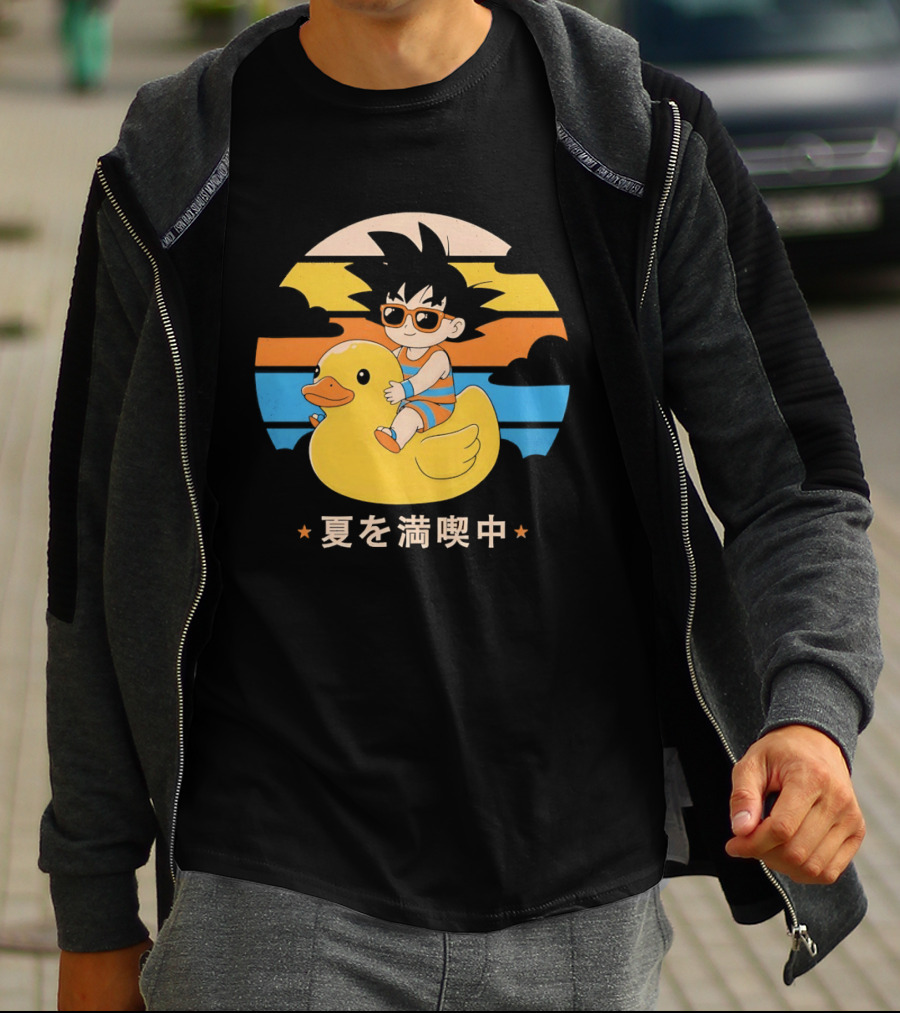 Young Goku Riding Rubber Duck At Sunset Enjoying Summer T-Shirt