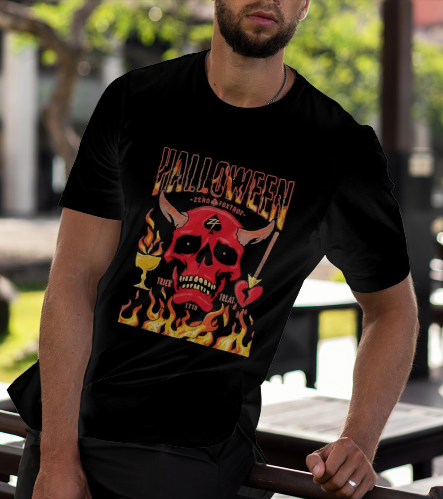 Zero Foxtrot Halloween No Quarter Flaming Demon Skull T-Shirt
