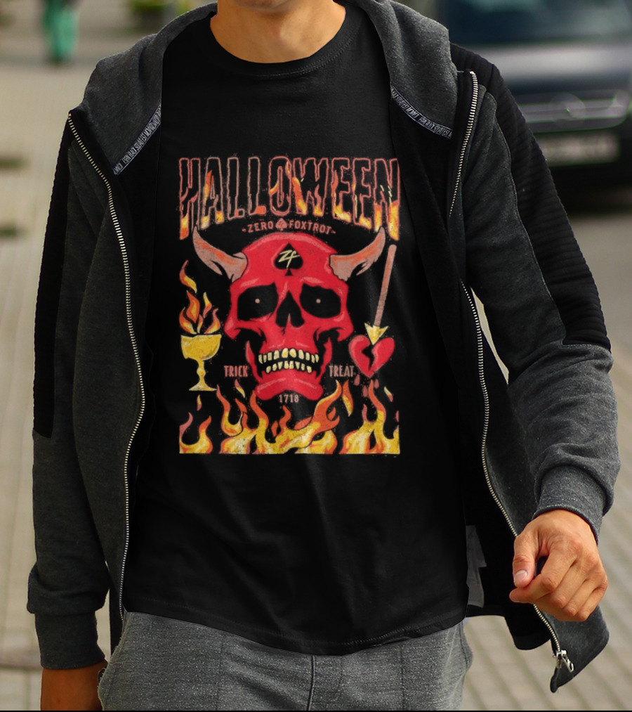 Zero Foxtrot Halloween No Quarter Flaming Demon Skull T-Shirt