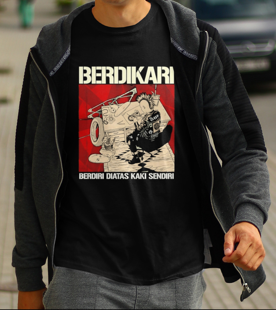 Berdikari Berdiri Diatas Kaki Sendiri Red Checkerboard Racing Motif T-Shirt