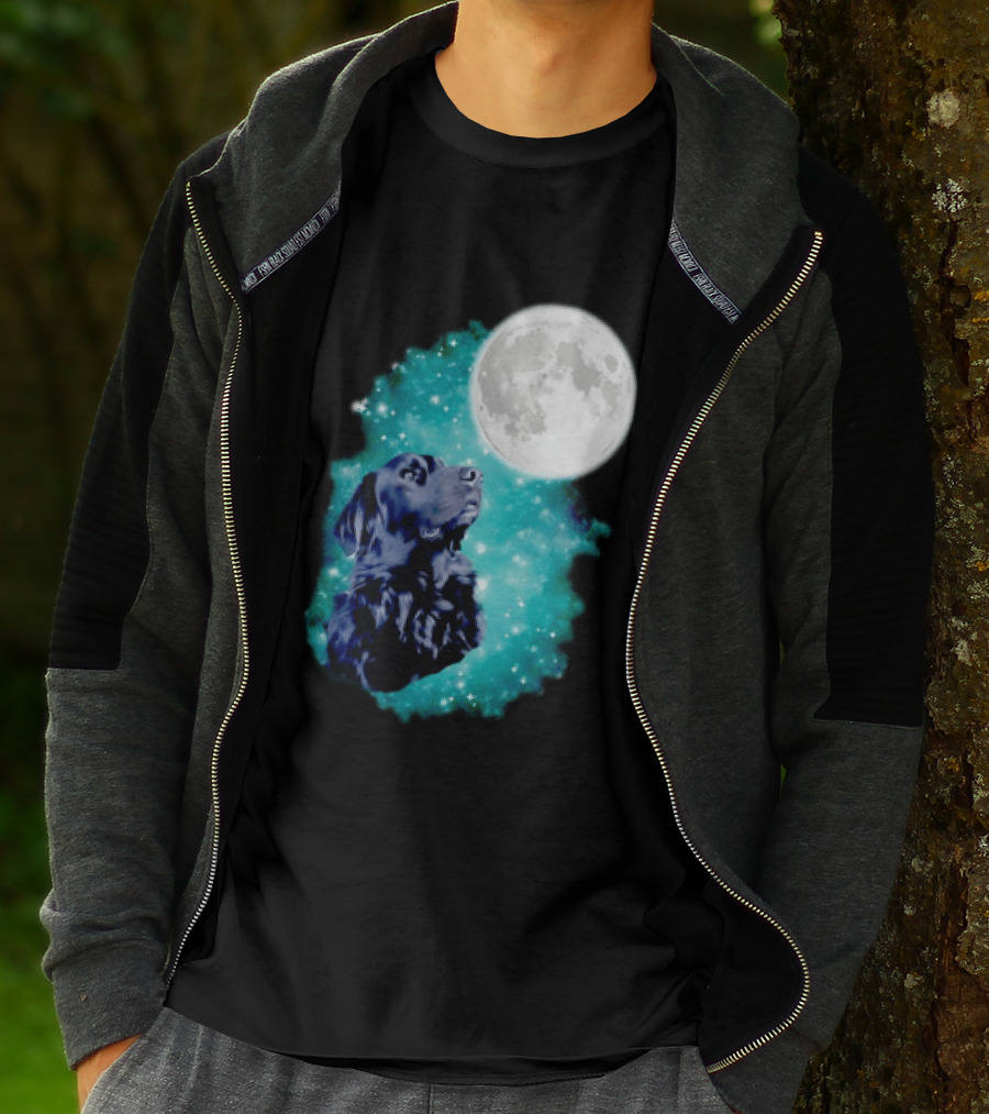 Black Dog Under Moon In Galaxy Space T-Shirt